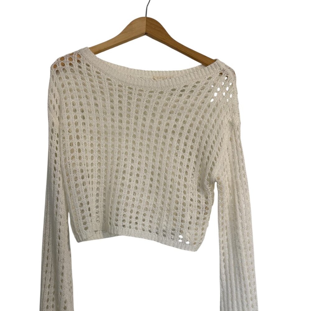Illa Illa Crochet Cream Cropped Sweater with Bell Sleeves- M
